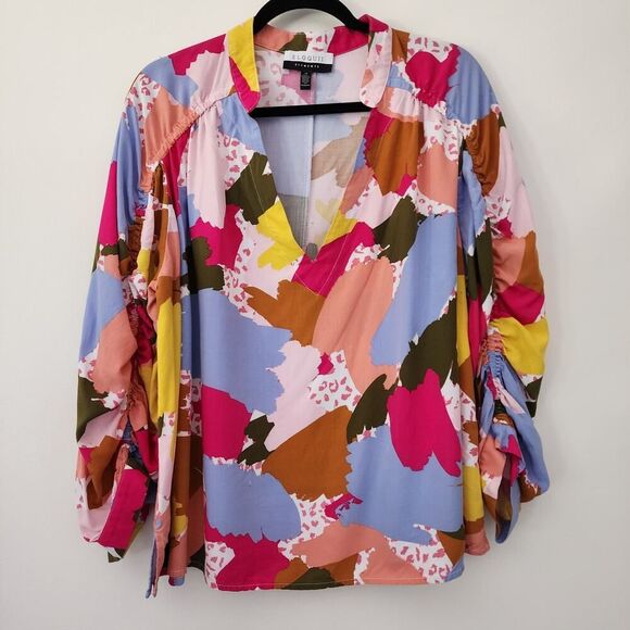 Eloquii Elements Painted Heart Multi Color Blouse gathered long sleeves‎ size 20 - Picture 1 of 7